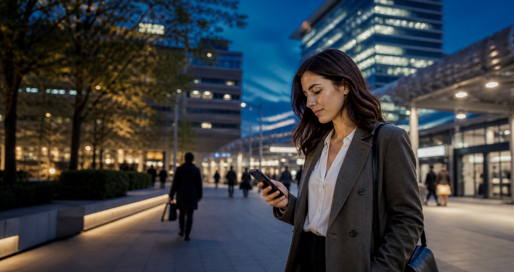 A professional using her smartphone in a connected city at blue hour